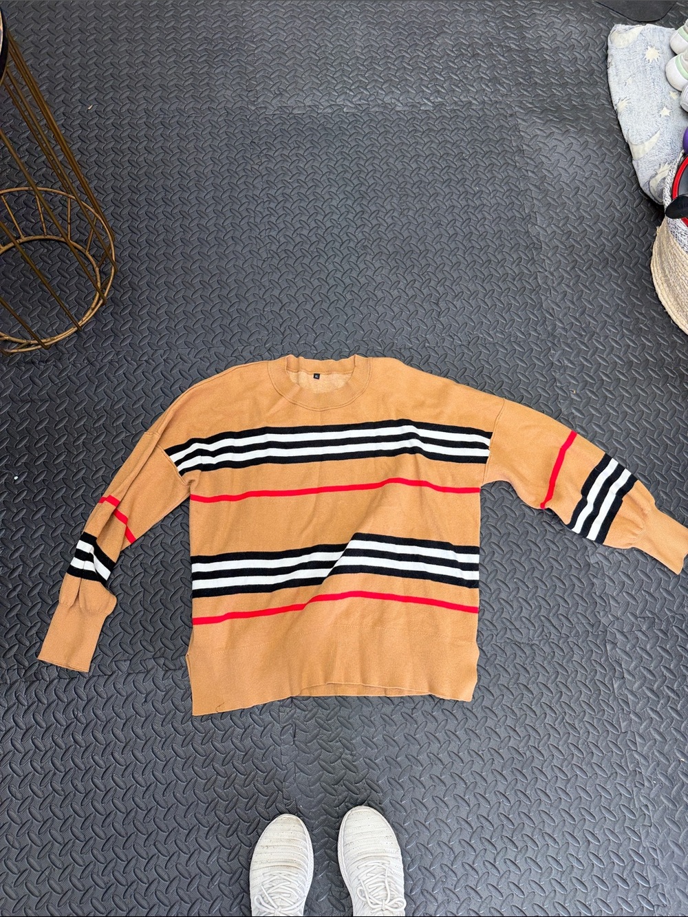 Amazon Tan Crewneck Sweater with Black, White & Red Stripes